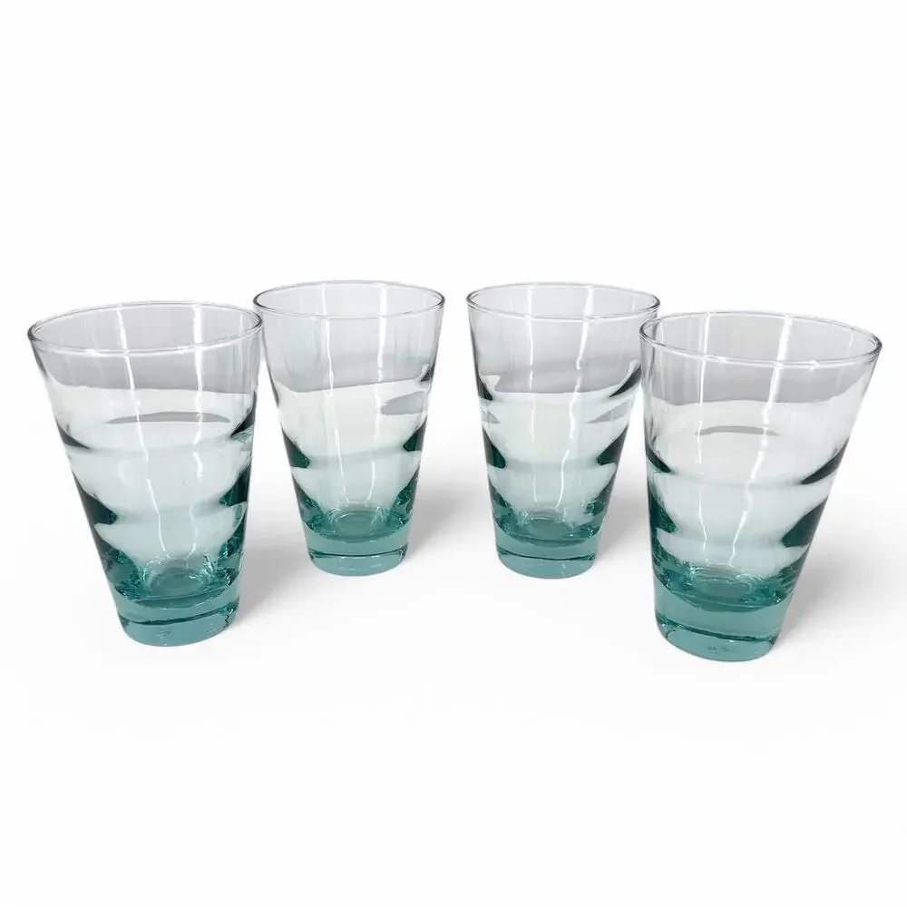 Libbey Ripple Aqua Highball Glasses Saturn Optic Tumblers Vintage Lot of 4